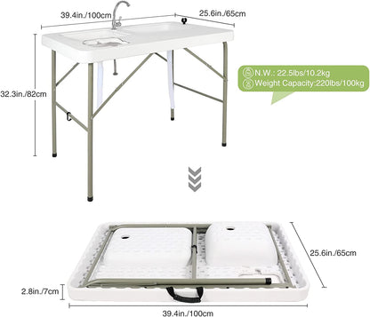Folding Fish Cleaning Table, Outdoor Camping Sink Station with Sink & Faucet Drainage Hoses, Portable Camping Sink Table for Beach Fishing Patio Picnic
