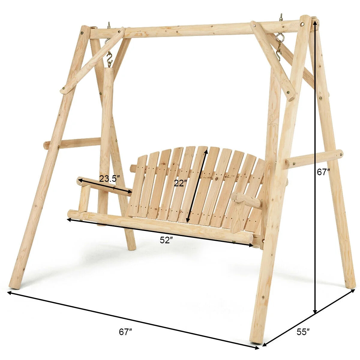 Gymax Wooden Porch Swing Outdoor Patio Rustic Torched Log Curved Back Bench A-Frame