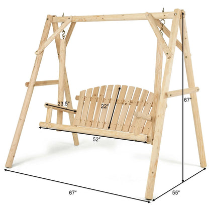 Gymax Wooden Porch Swing Outdoor Patio Rustic Torched Log Curved Back Bench A-Frame