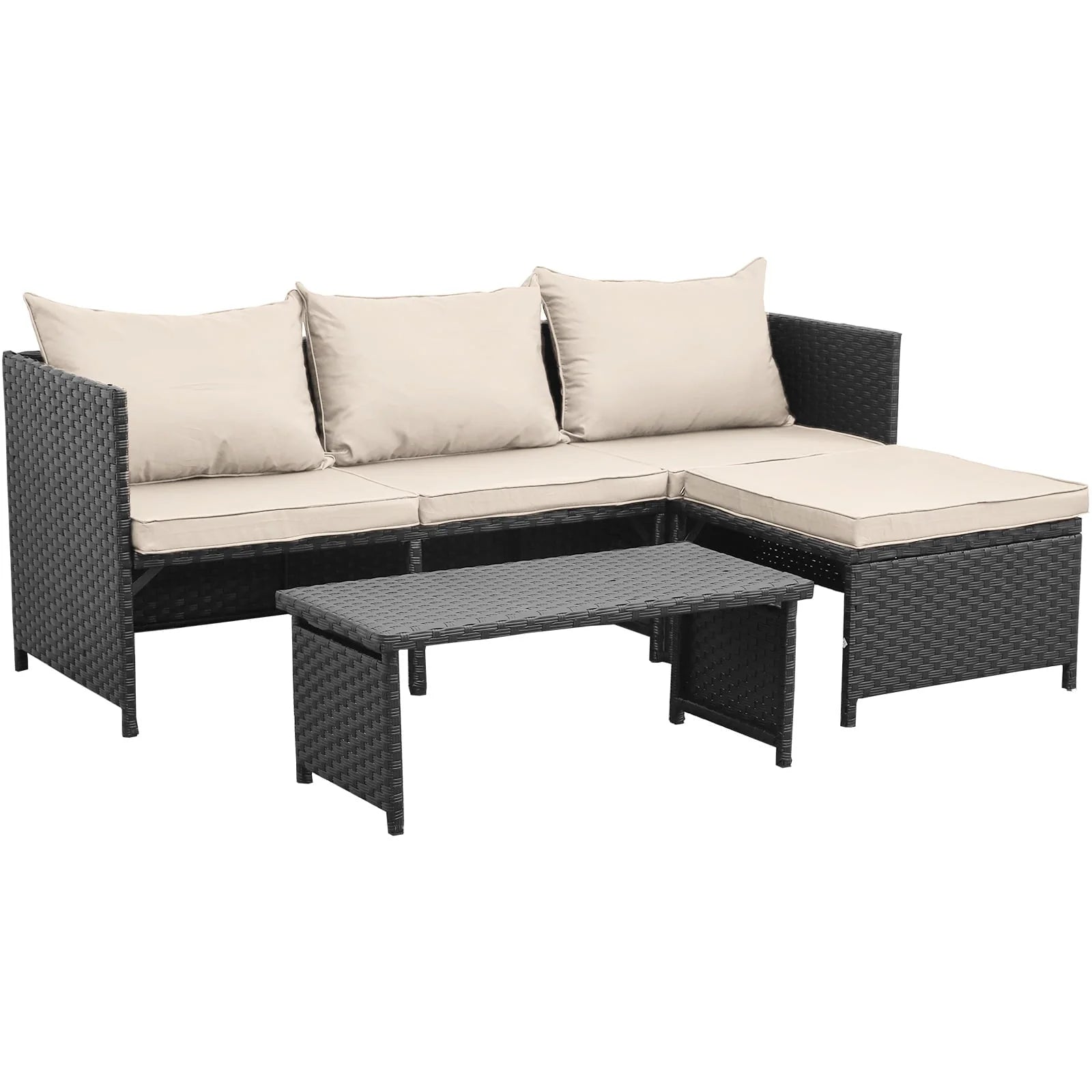 Waroom 3 Pieces Patio Conversation Sets Outdoor Wicker Furniture with Coffee Table,Khaki, Powder Coated Steel