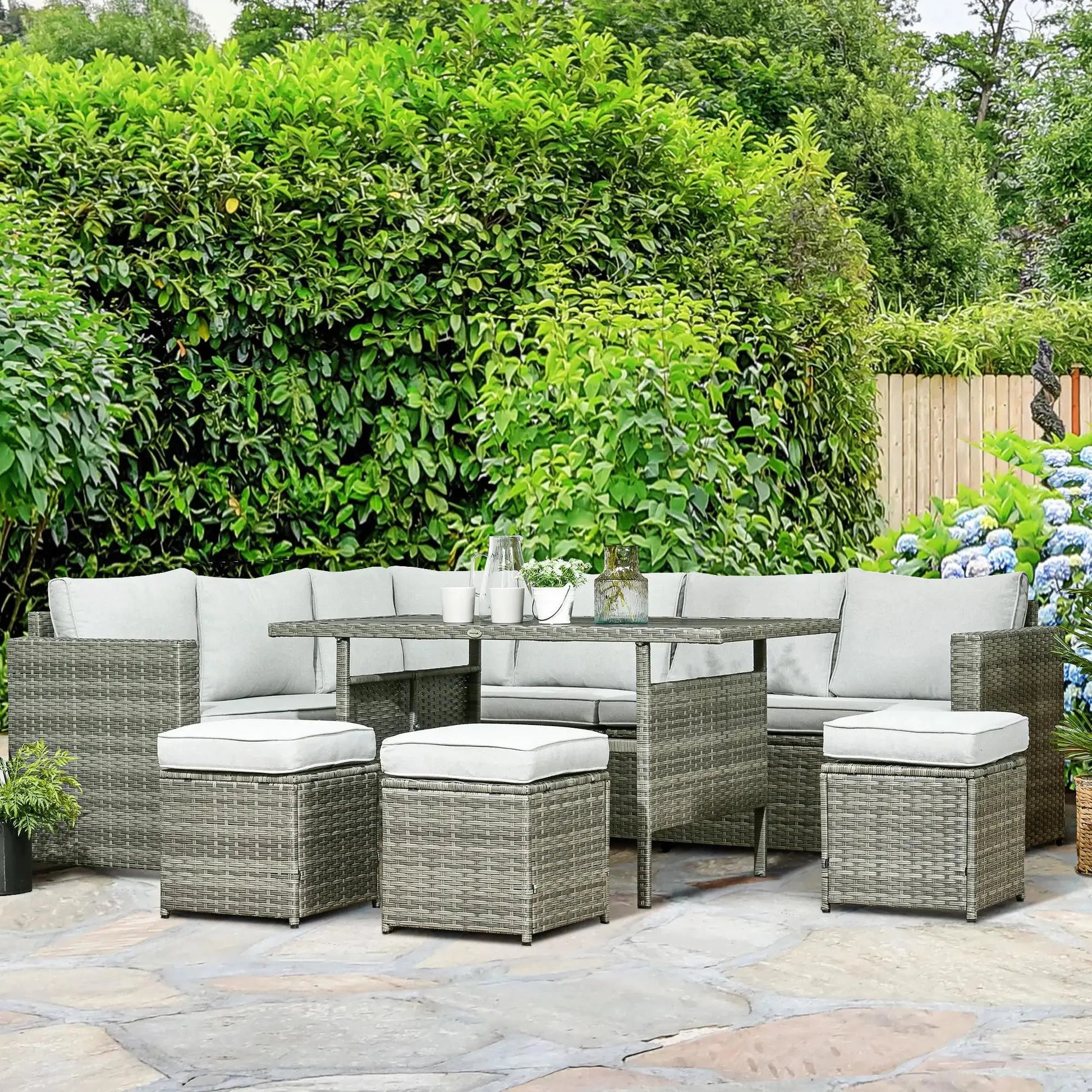 Resenkos Wicker Outdoor Patio Furniture Set, L-Shaped 7 Pieces Outdoor Dining Sectional Sofa, Gray