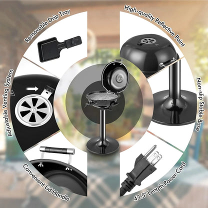 ZIRAV 1600W Portable Electric Grill Outdoor BBQ Grill for 15-Serving, Electric Barbecue Grill for Indoor & Outdoor Use, Portable Stand BBQ Grill for Patio Balcony Kitchen Garden (Black)