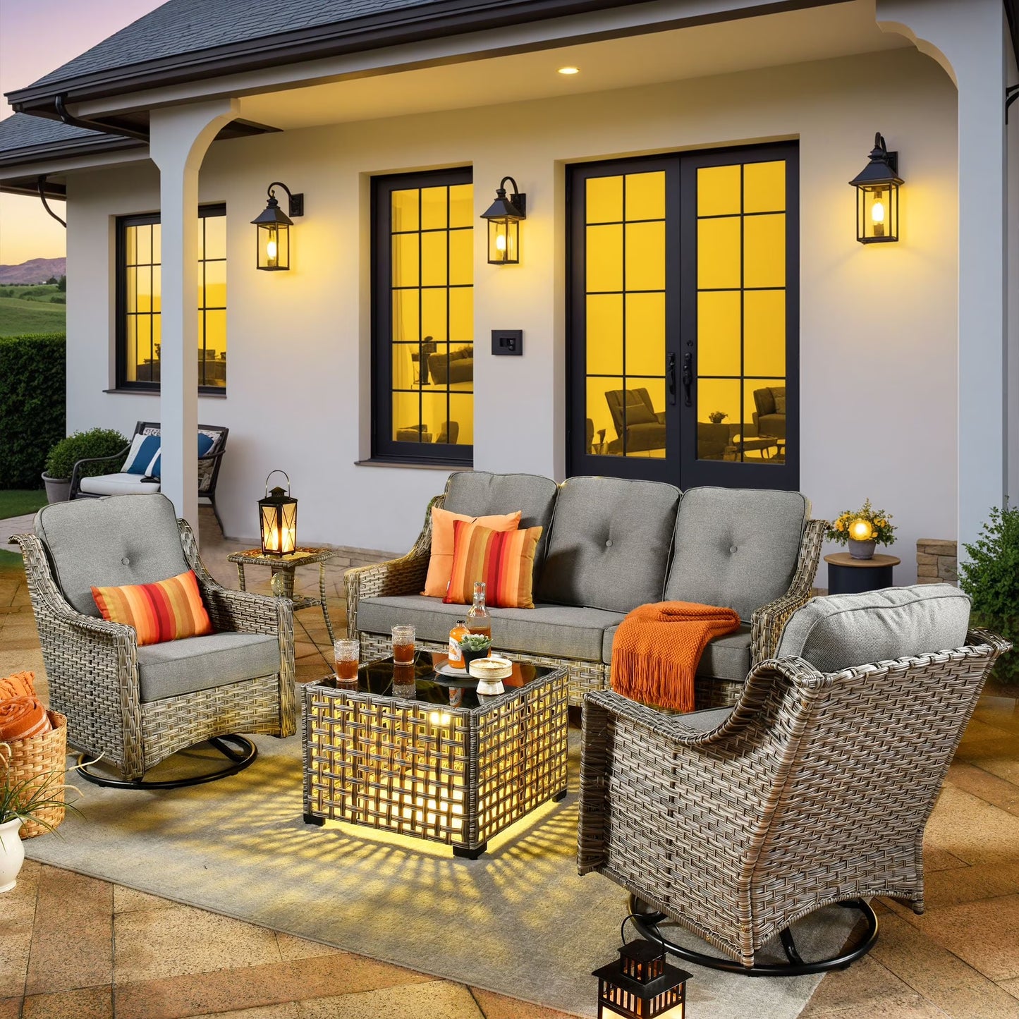 Vcatnet Outdoor Patio Furniture with Swivel Rockers 5 Pieces Sectional Sofa All Weather Wicker High-Back Conversation Set with Coffee Table, Dark Gray