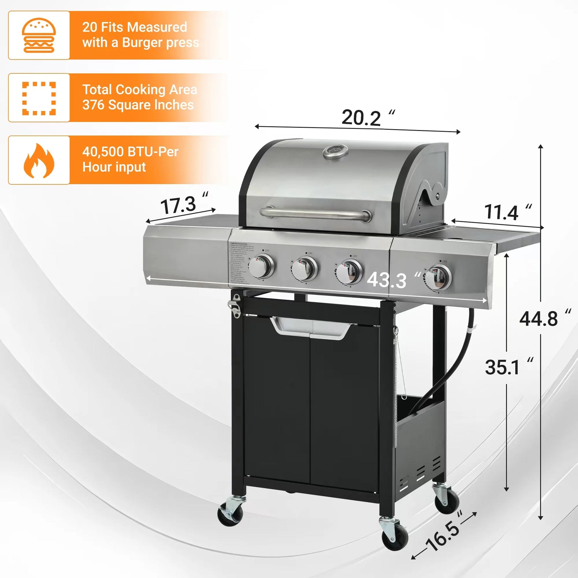 Seizeen 40,500 BTU Propane Gas Grill with Side Burner, Stainless Steel 3 Burner Barbecue Grill Portable on Wheels, with Bottle Opener, for Camping Patio Outdoor Cooking