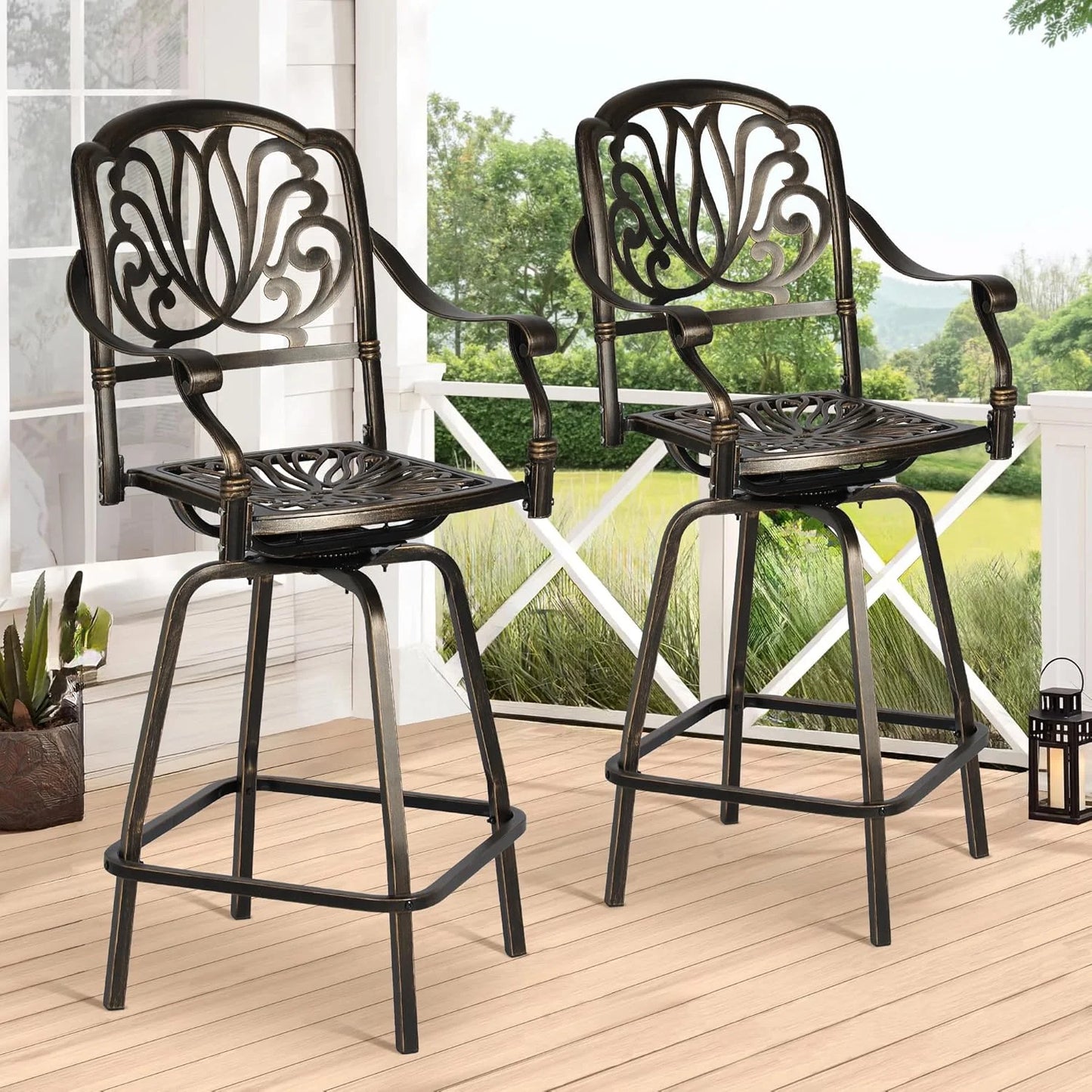 Magic Union Outdoor Cast Aluminum Swivel Bar Stools Set of 2, Patio Height Bartools Chairs, 2 Piece Patio High Dining Bistro Chairs for Garden Backyard (Without Cushion)