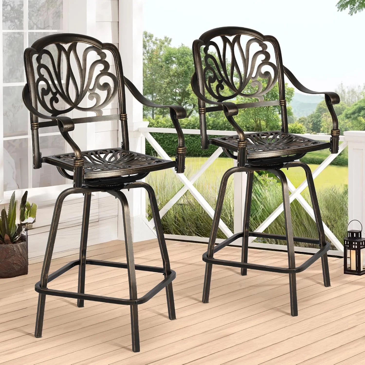 Magic Union Outdoor Cast Aluminum Swivel Bar Stools Set of 2, Patio Height Bartools Chairs, 2 Piece Patio High Dining Bistro Chairs for Garden Backyard (Without Cushion)
