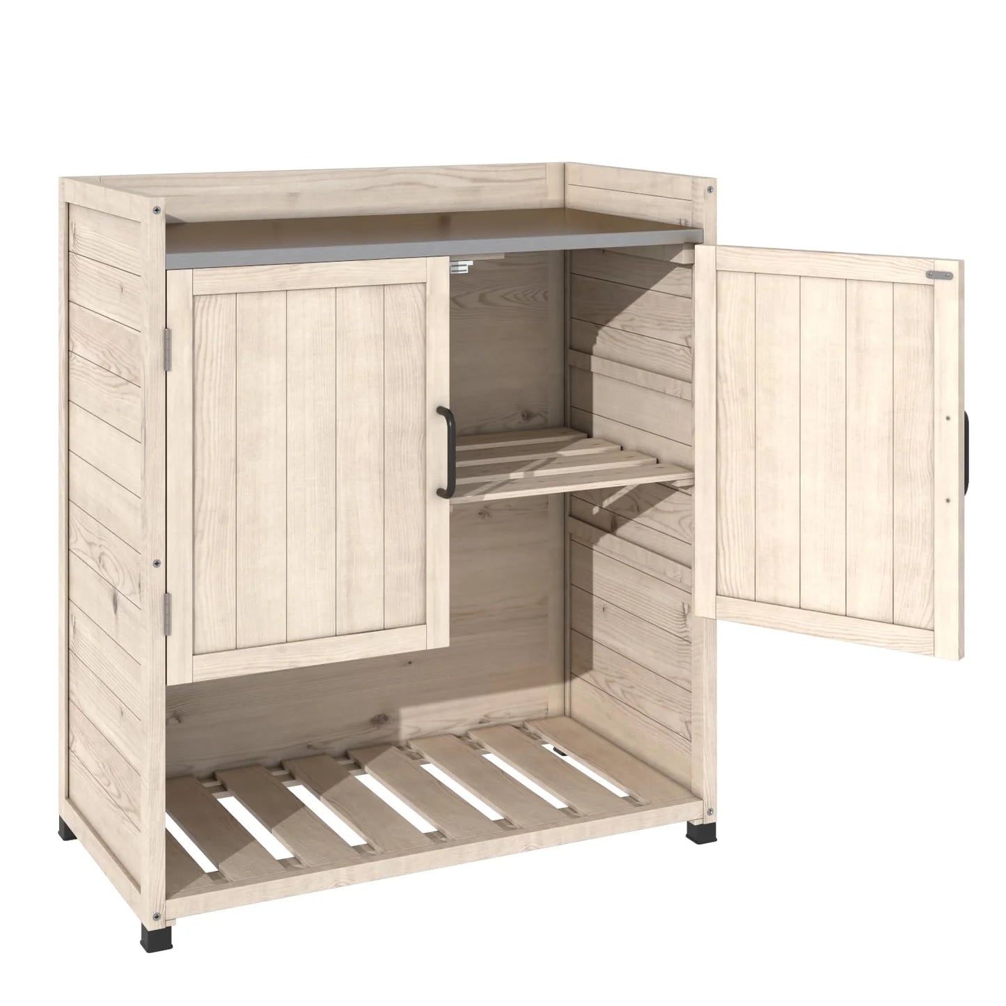 YODOLLA Potting Bench, Wooden Outdoor Storage Cabinet with Adjustable Shelf, Patio Storage with Metal Tabletop, Potting Table for Garden, Patio and Lawns, Gray