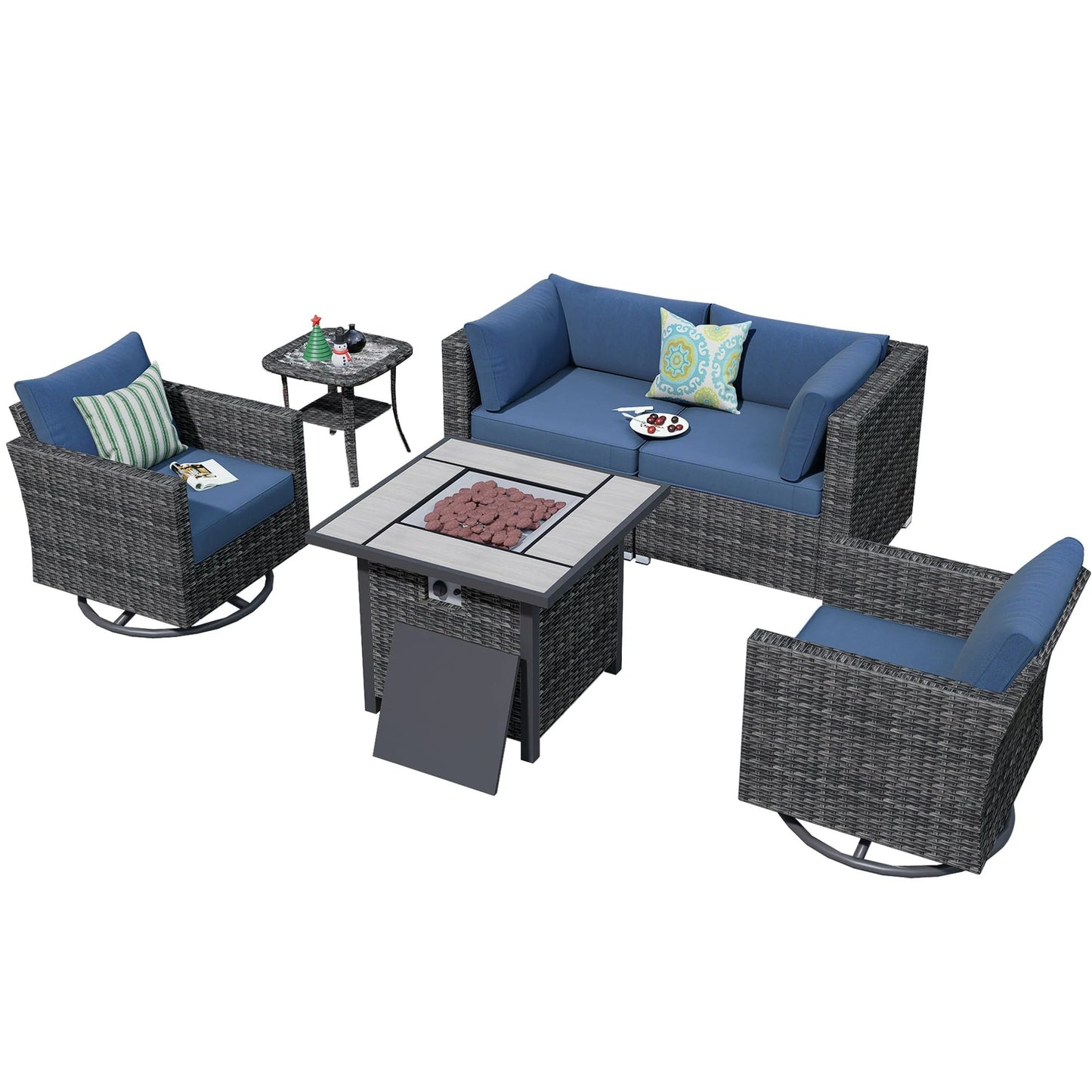 Ovios 6 Pieces Outdoor Patio Furniture with 30 inch Fire Pit Table All Weather Wicker Conversation Set with 360° Swivel Chair for Porch