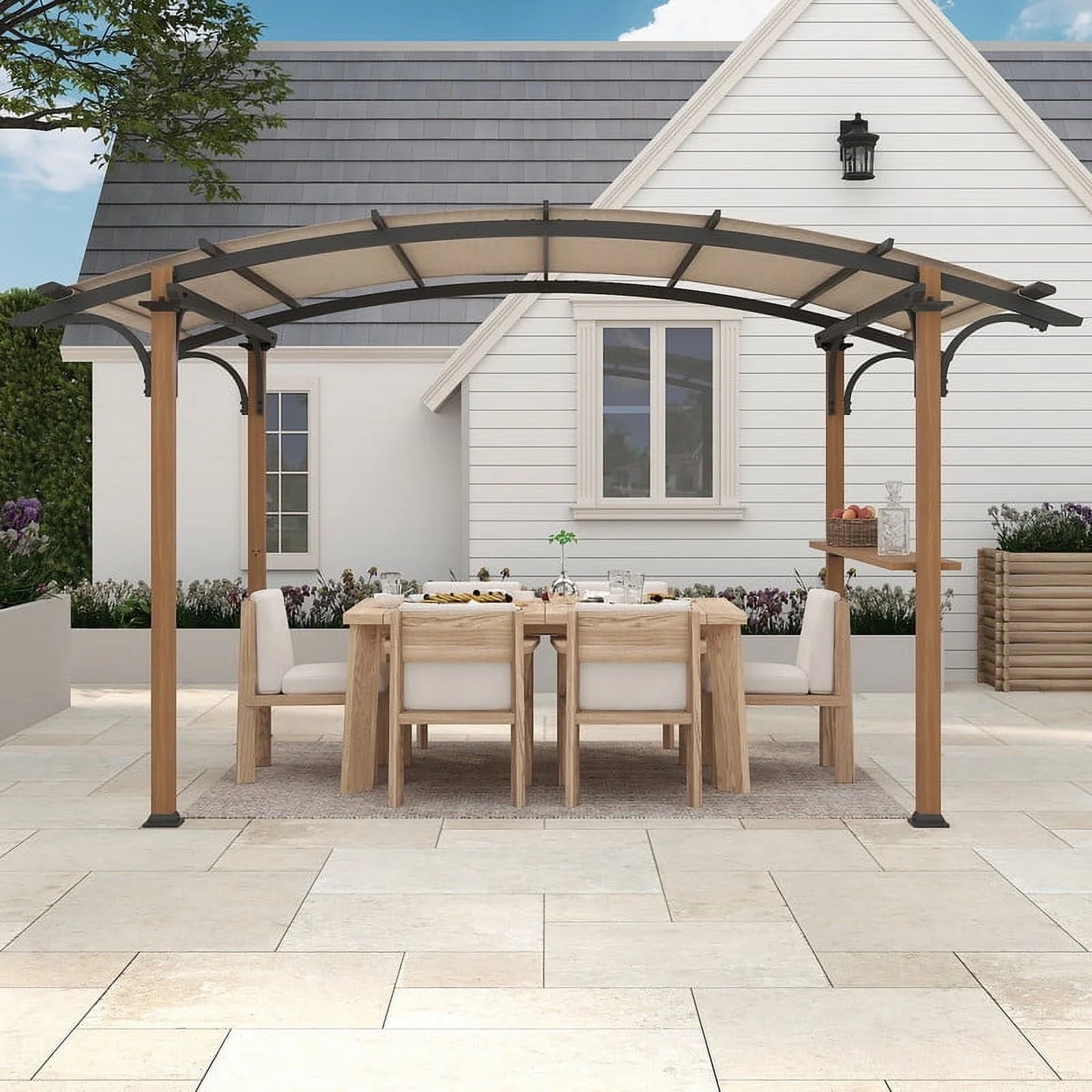 GAZEBETER 8.5 ft x 13 ft Outdoor Pergola with Arched Canopy,Natural Wood Looking Finish and Tan Shade for Backyard,Garden,Patio,Barbecue,Beige