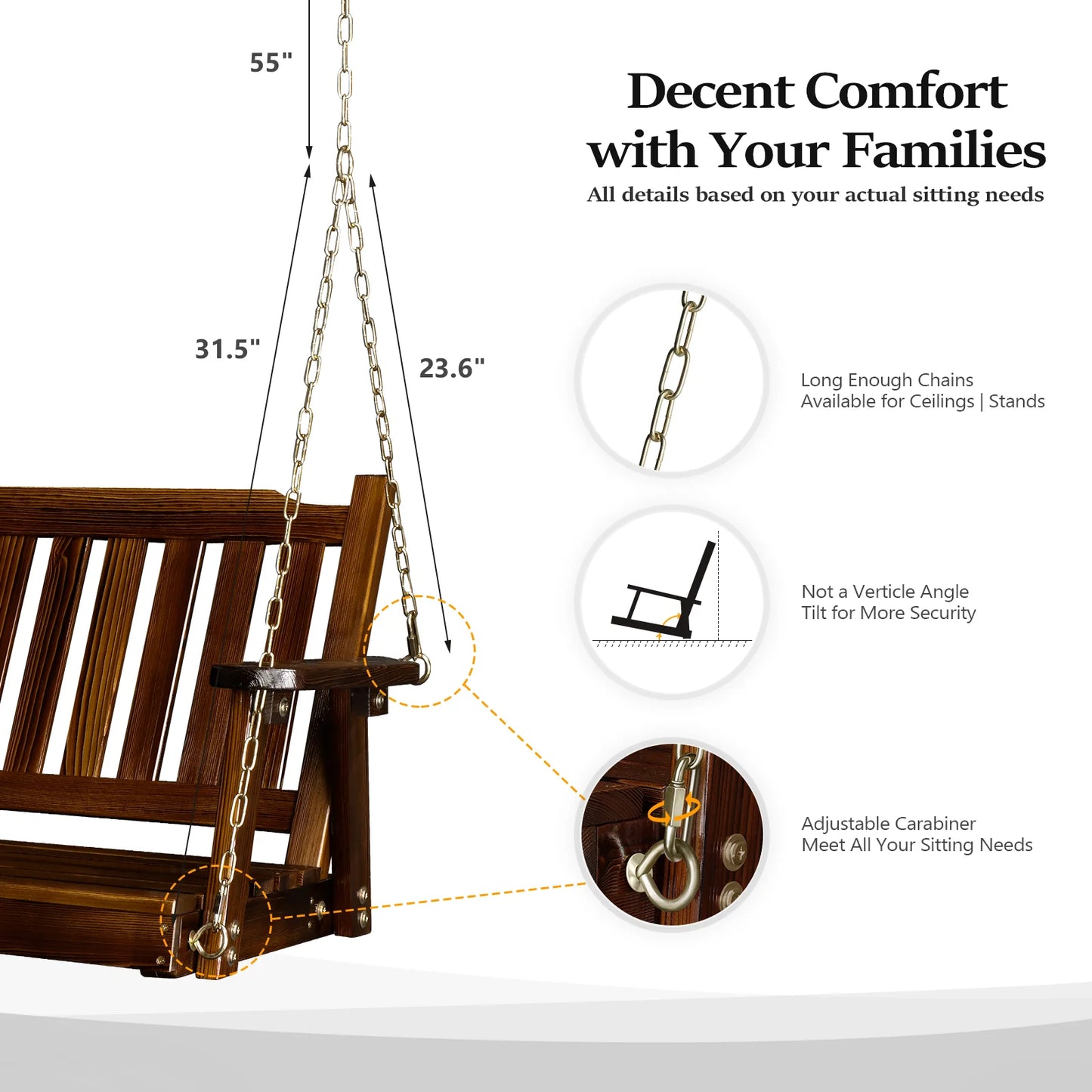 VINGLI Heavy Duty 880 LBS 4 FT Patio Wooden Porch Swing with Upgraded Adjustable Chains, Rustic
