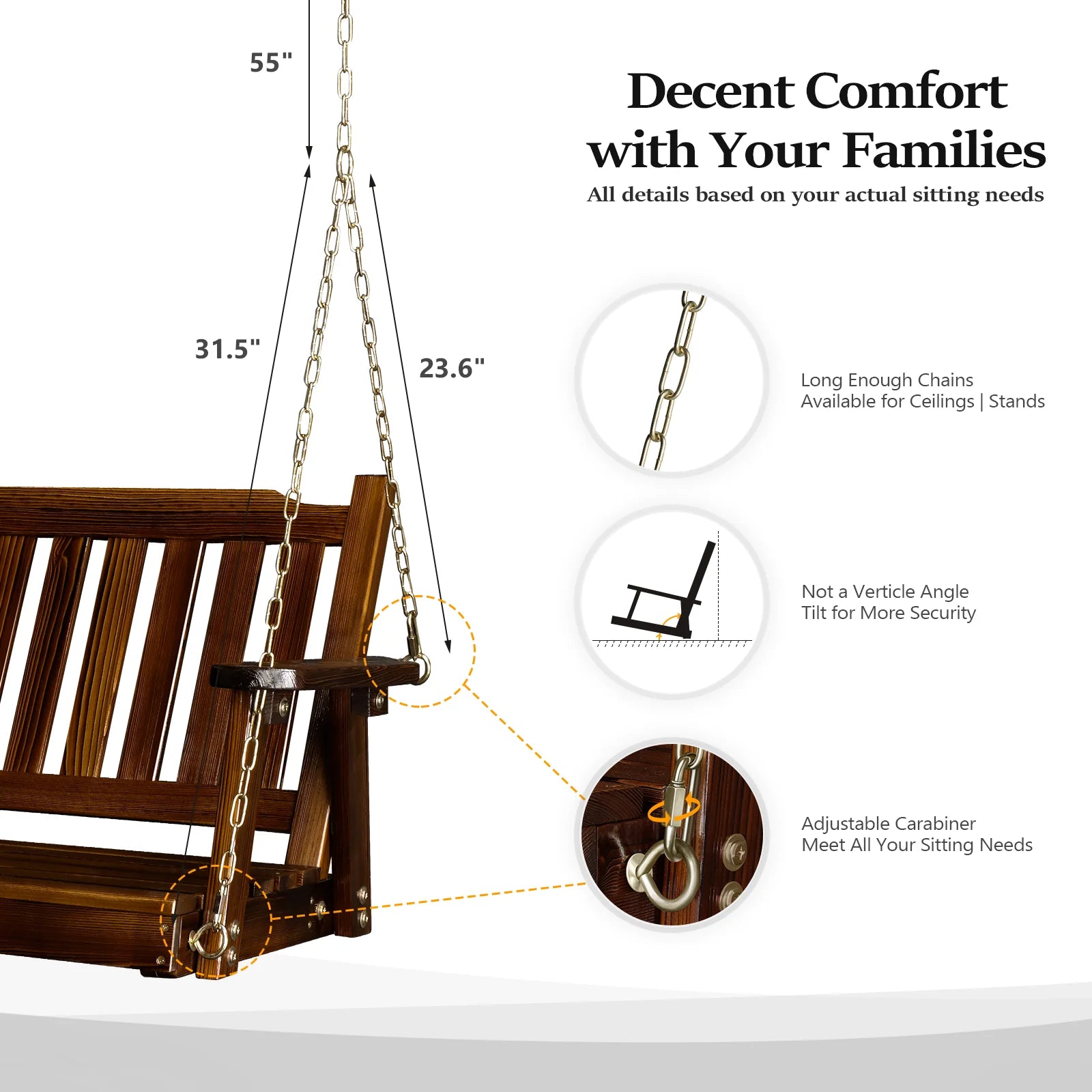 VINGLI Heavy Duty 880 LBS 4 FT Patio Wooden Porch Swing with Upgraded Adjustable Chains, Rustic