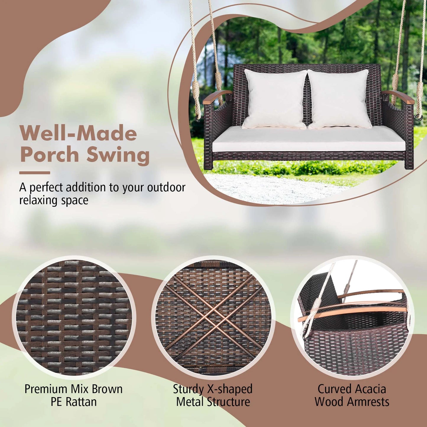Costway Patio Rattan Porch Swing 2-Person Hanging Chair Cushioned Loveseat for Backyard