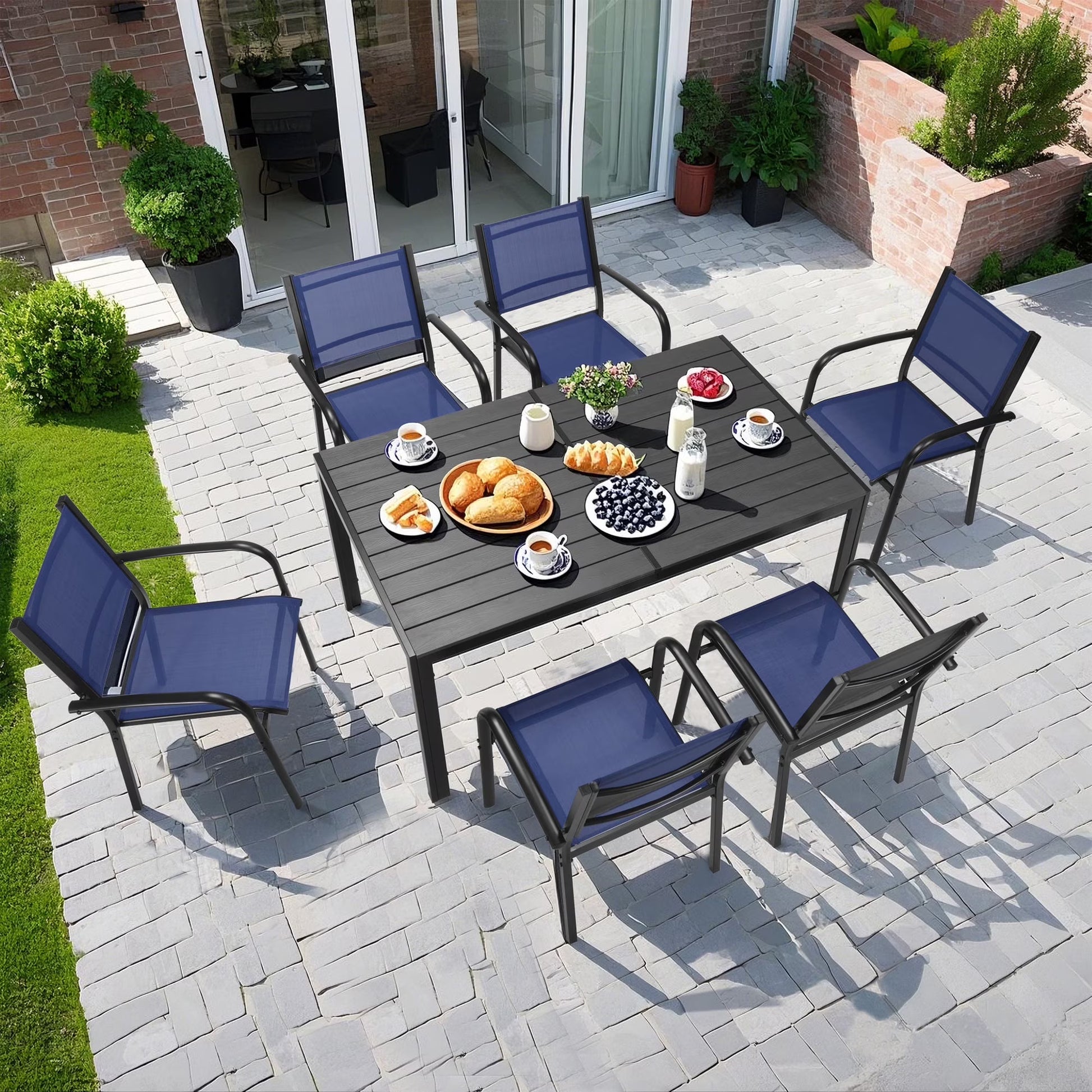 Patio Dining Set of 7, Outdoor Table and Chairs Textilene Design, Patio Furniture with Rectangle Plastic-wood Table, Space-saving Dining Table Set Stackable Design, Gray