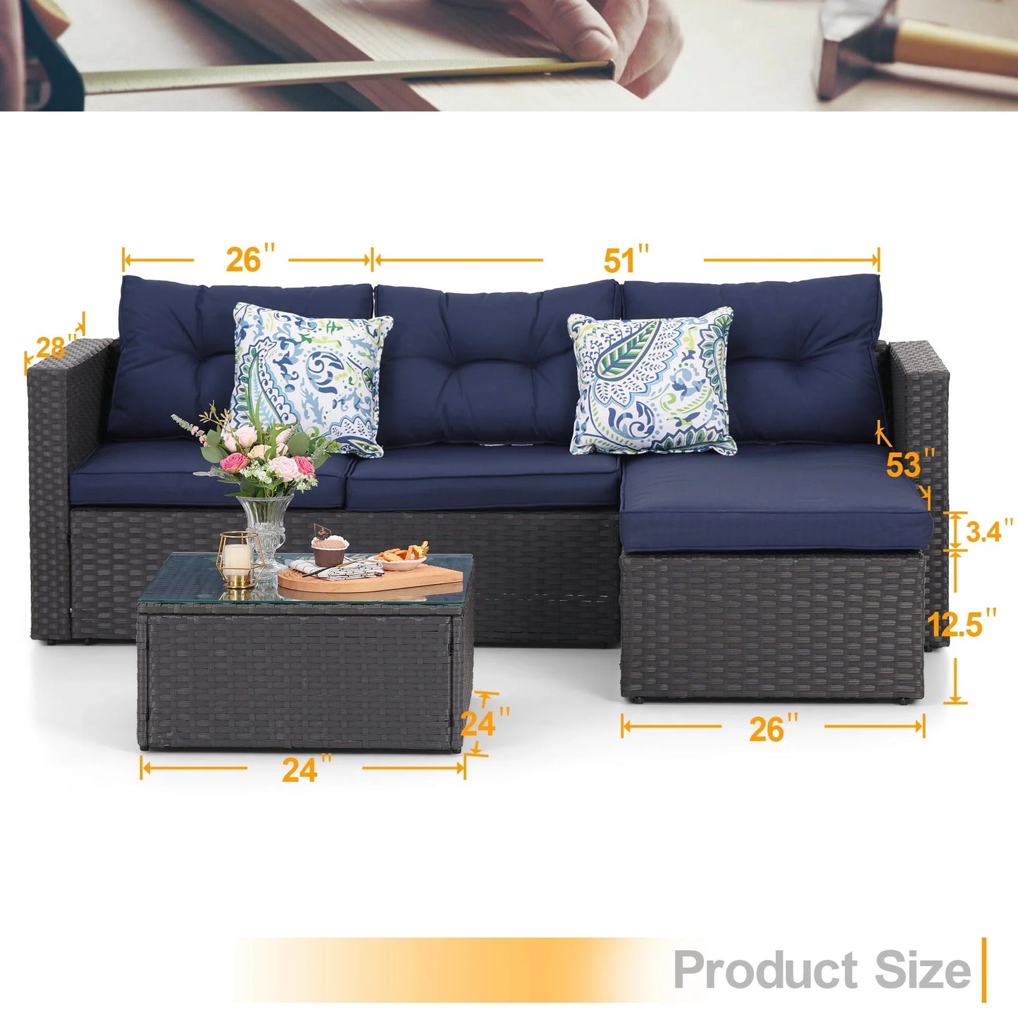 Sophia & William 3Pcs Outdoor Patio Wicker Rattan Sectional Sofa Set - Blue