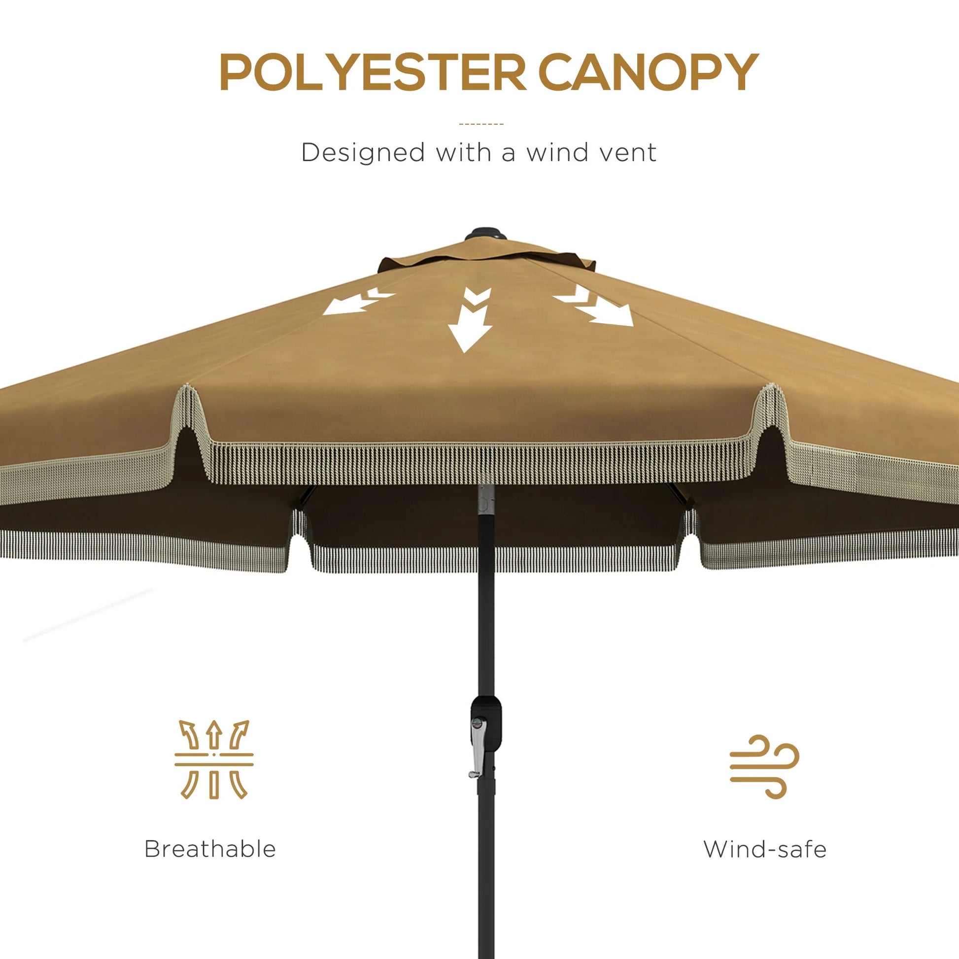 DUOSONG Outsunny 9Ft Patio Umbrella With Push Button Tilt And Crank, Ruffled Outdoor Market Table Umbrella With Tassles And 8 Ribs, For Garden, Deck, Pool, Tan Tan Polyester Garden & Outdoor Canopies
