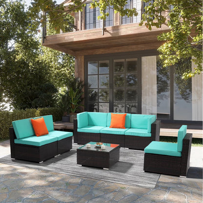 7 Pieces Patio Funiture Set, Outdoor Furniture Sectional Sofa Set,Manual Wicker Rattan Patio Conversation Set Heavy-duty Frame, with Cushions and Table, Gray