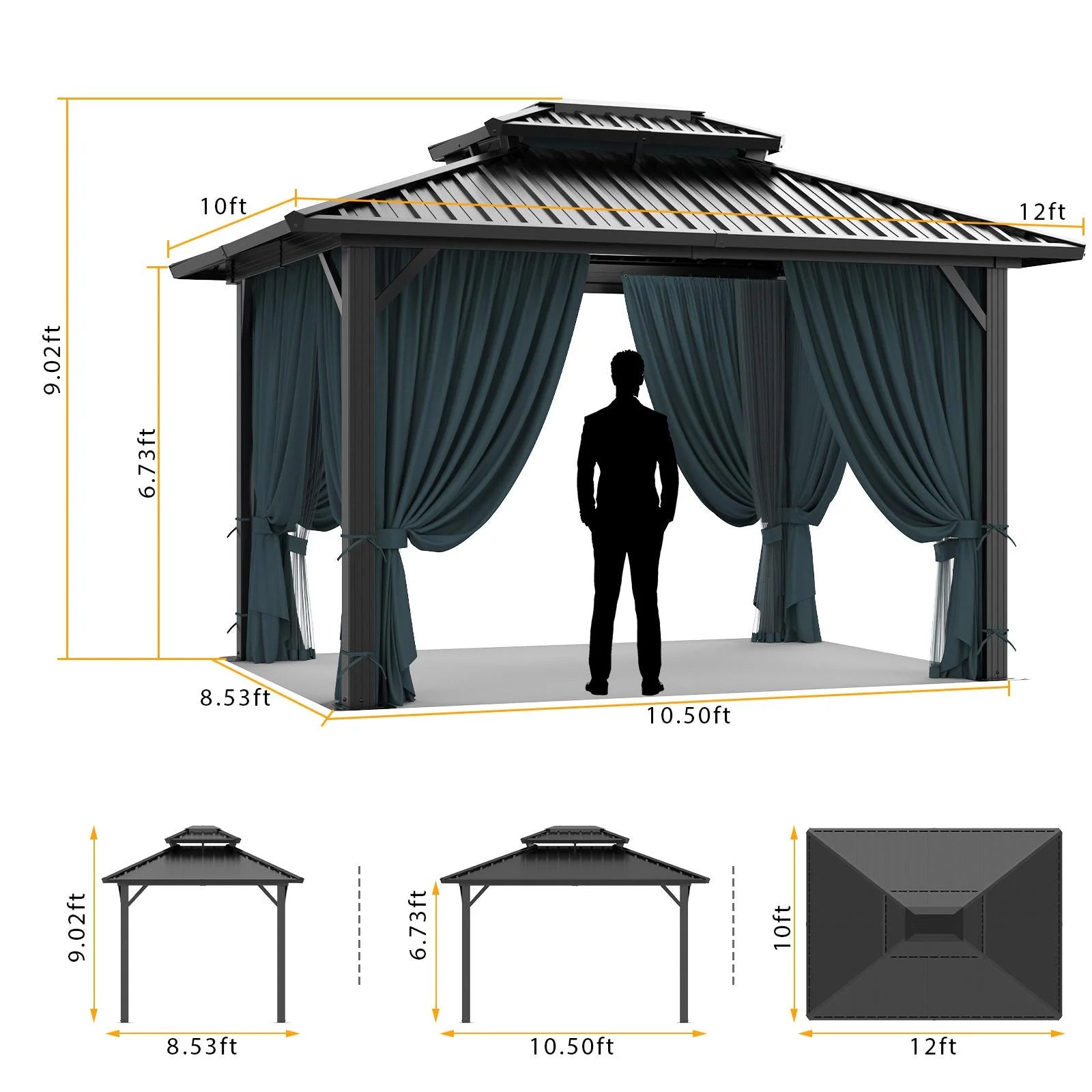HOTEEL 10'x12' Hardtop Gazebo, Outdoor Steel Double Galvanized Roof Canopy, Aluminum Frame Permanent Pavilion Metal Gazebo with Curtains and Nettings, Sunshade for Patios, Gardens, Lawns, Black