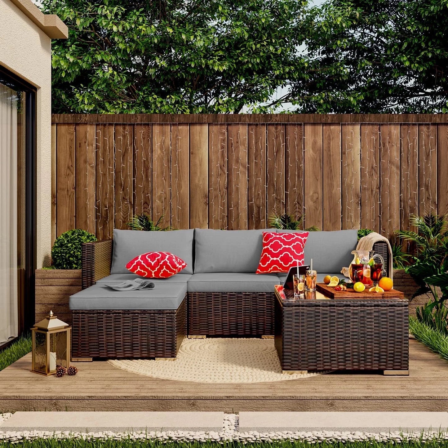 Patio Furniture Set Clearance, Lofka 5 Piece Outdoor Sectional Furniture Chair Set with Cushions and Tea Table, Gray