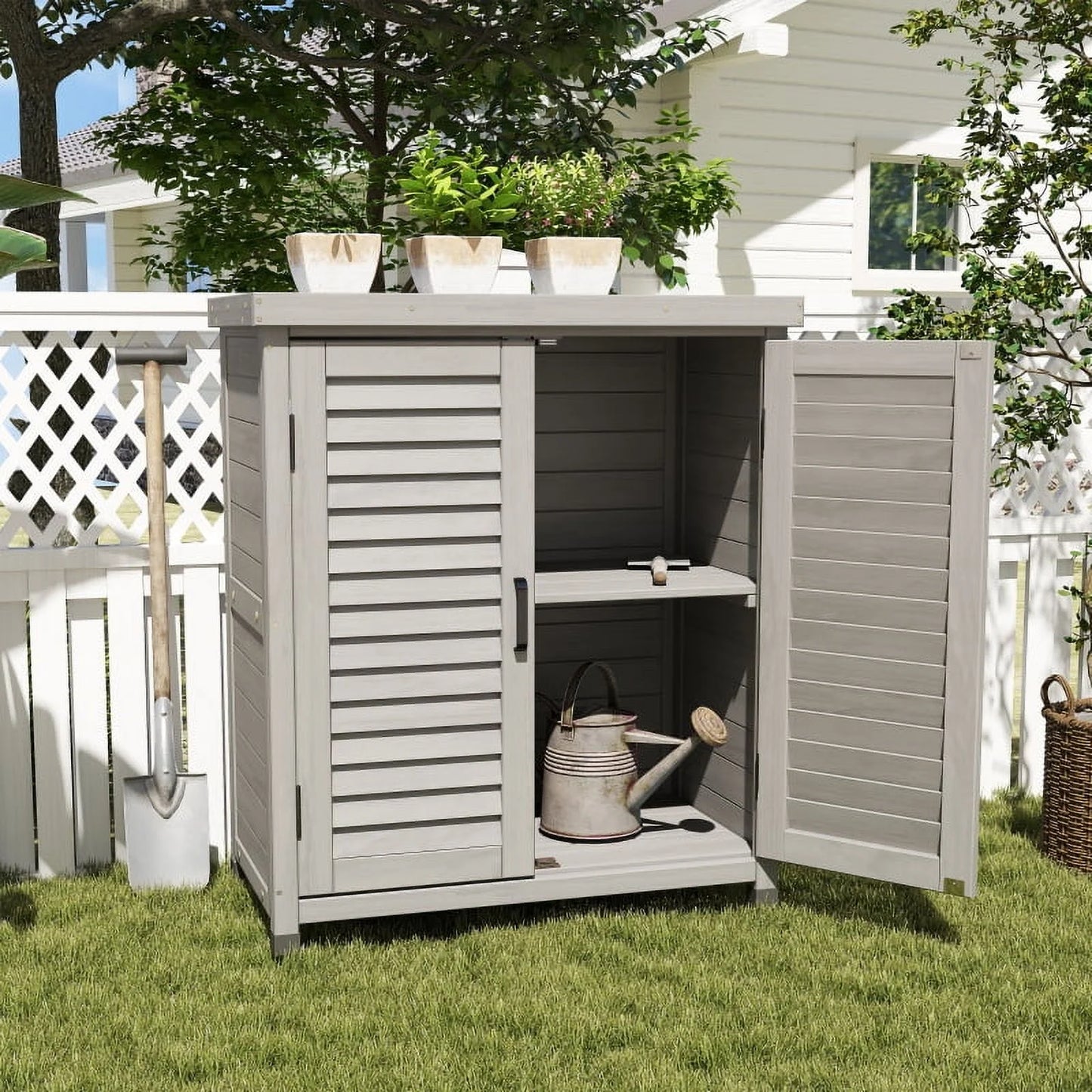 Potting Bench with Storage Cabinet and Metal Table Top for Outdoor Patio, Garden Furniture Wood Workstation Grey 31.5x17x36''