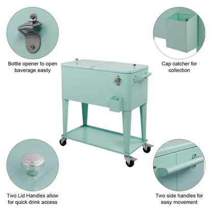 80Qt All-In-One Cooler Cart With Bottle Opener, Lower Storage Shelf and Cap Catcher, Outdoor Party Rolling Cooler With Lockable Wheels For Pool Side, Patio, Balcony, Mint(33.07 x 15.16 x 35.83)"