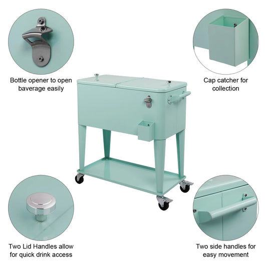 80Qt All-In-One Cooler Cart With Bottle Opener, Lower Storage Shelf and Cap Catcher, Outdoor Party Rolling Cooler With Lockable Wheels For Pool Side, Patio, Balcony, Mint(33.07 x 15.16 x 35.83)"