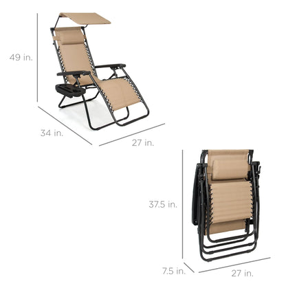 Best Choice Products Folding Zero Gravity Recliner Patio Lounge Chair w/Canopy Shade, Headrest, Side Tray - Beige