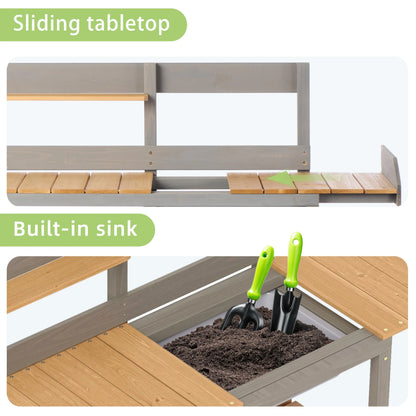 Wooden Potting Bench Table with Sink, Outdoor Garden Table Work Bench with Shelf, Workstation for Outside Patio Lawn
