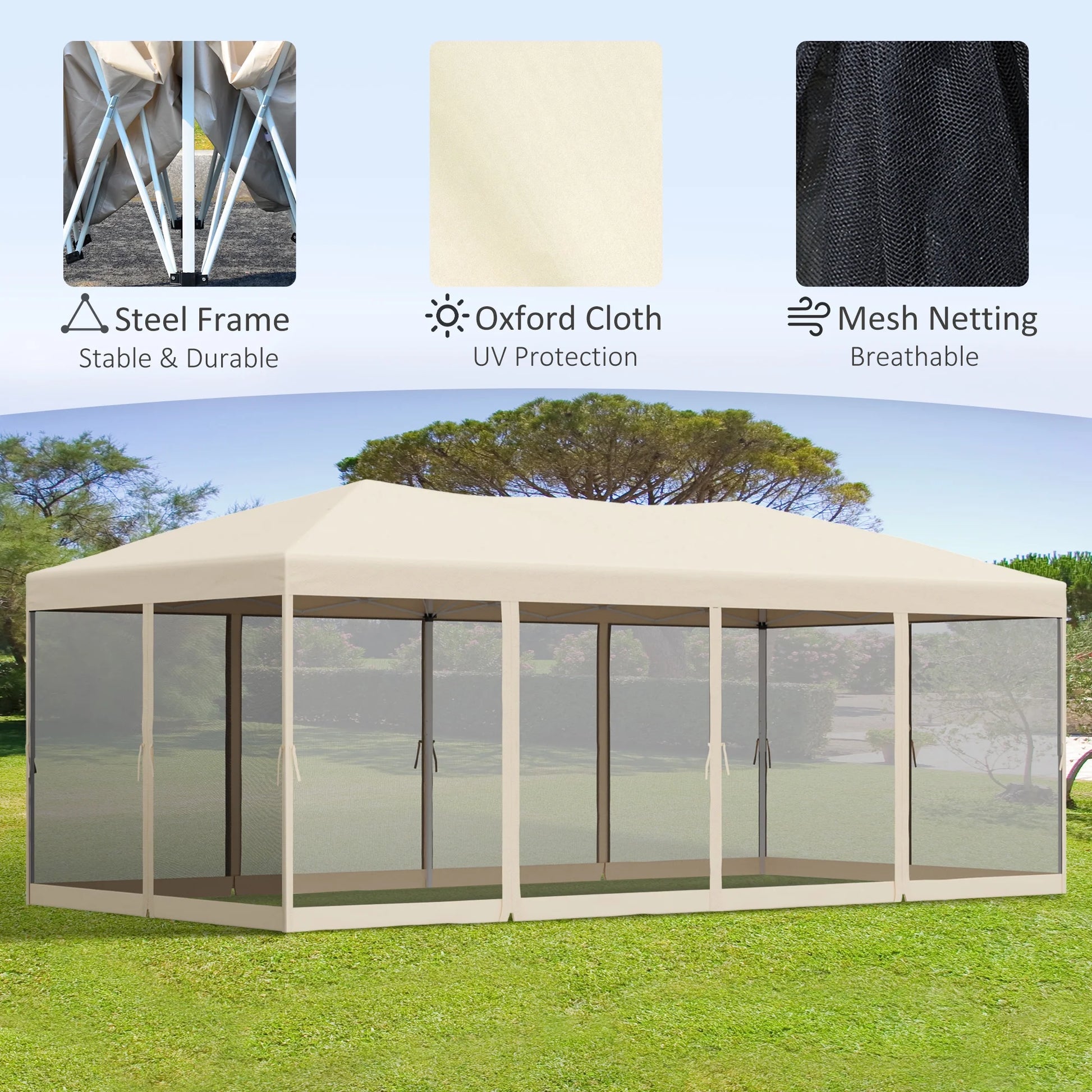 Outsunny 10' x 20' Pop Up Canopy Tent with Netting, Heavy Duty Large Party Tent, Instant Sun Shelter with Carry Bag for Backyard Garden Patio, Beige