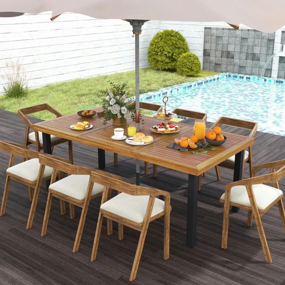 Spaco 8-Person Patio Table with 1.9 Inch Umbrella Hole, 79 Inch Acacia Wood Dining Table with Reinforced Metal Frame and Adjustable Foot Pads, Dining Table for Yard, Garden, Natural