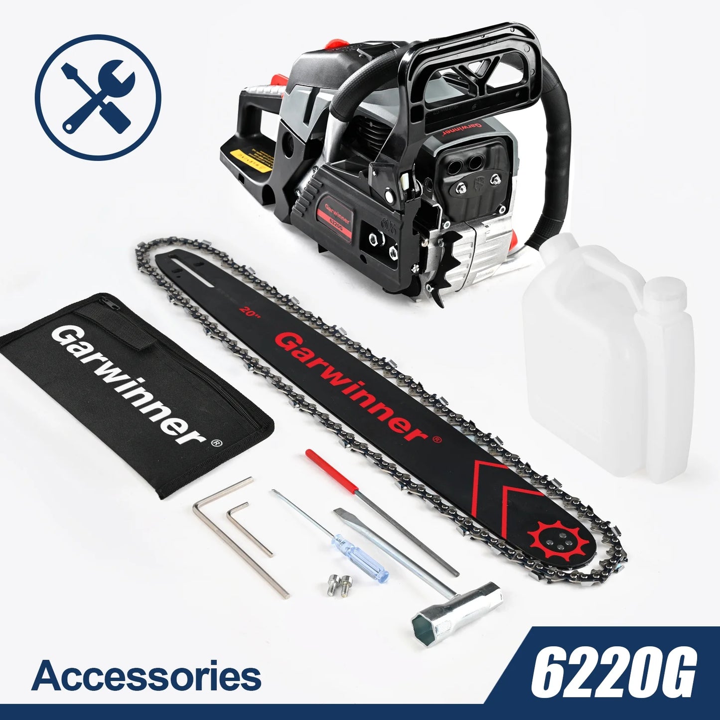 Gas Chainsaw 20in. 3.4HP Gas Powered Chainsaw 2-Cycle Handheld Chain Saw for Garden/Patio/Farm 6220G(Two Chains)