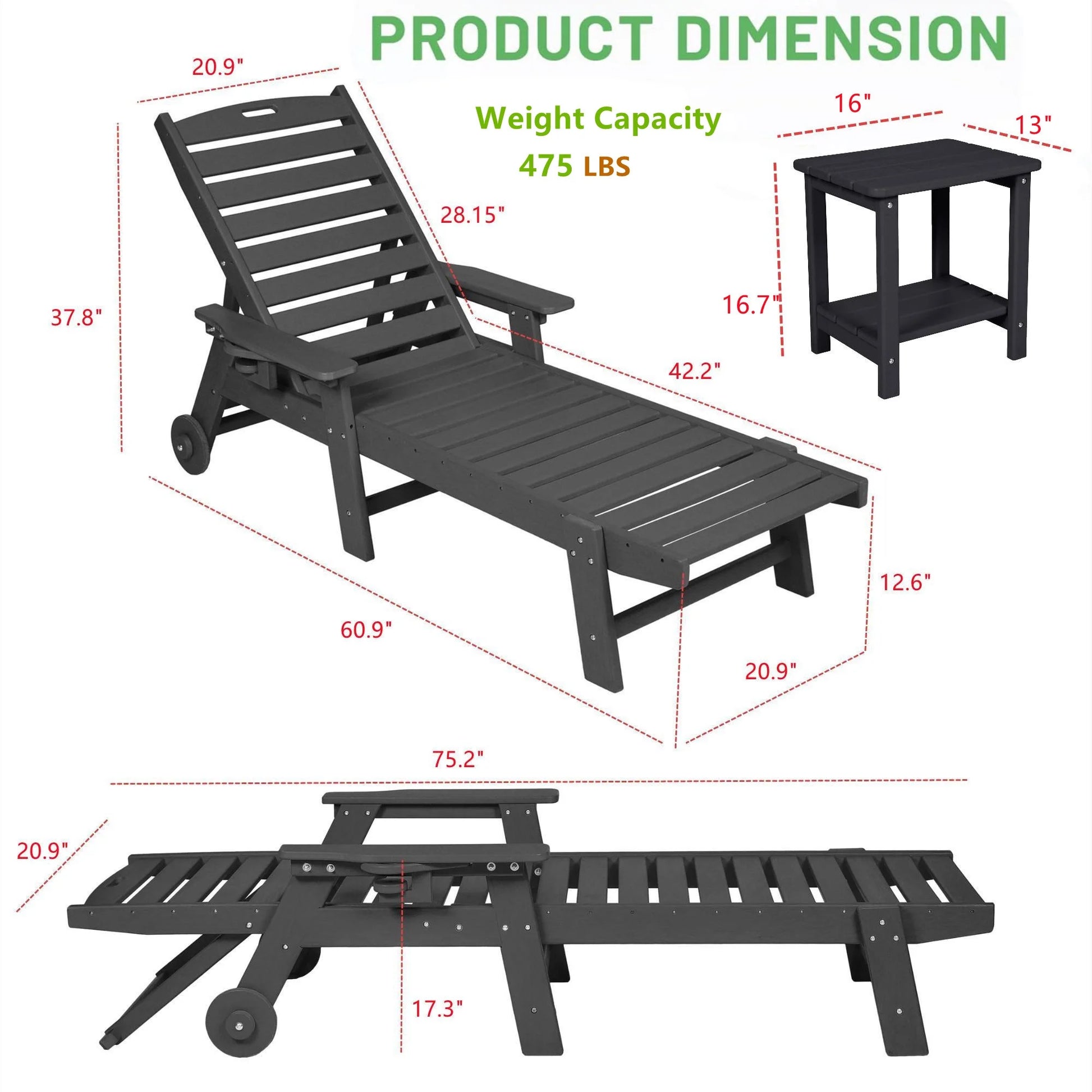 Aukfa 3 Pcs Outdoor Patio Chaise Lounge w/Coffee Table& Cup Holder, Adjustable Backrest, HDPE, Black