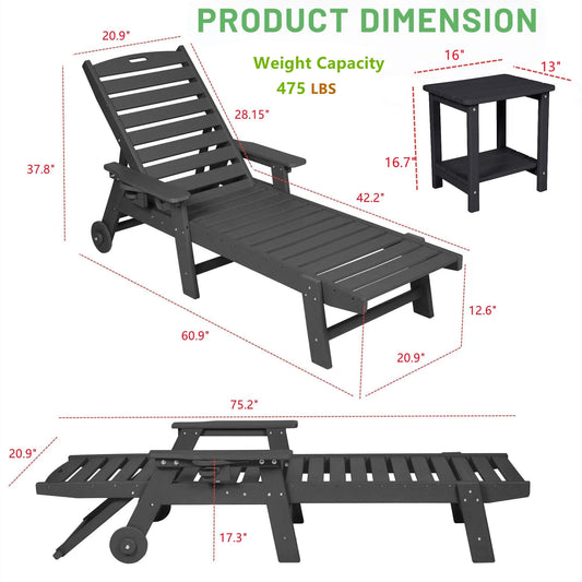 Aukfa 3 Pcs Outdoor Patio Chaise Lounge w/Coffee Table& Cup Holder, Adjustable Backrest, HDPE, Black