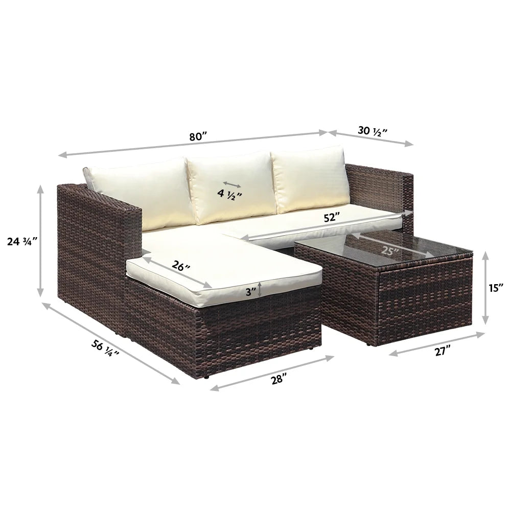 Abble 3pcs Patio Furniture Set Outddor Wicker Sectional Set Conversation Sofa Set with Cushions-Gray