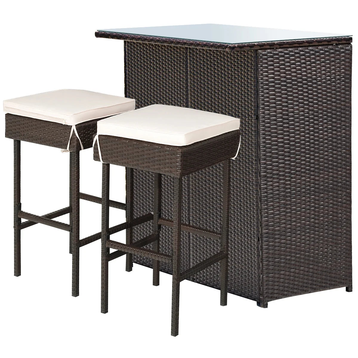 Costway 3PCS Patio Rattan Wicker Bar Table Stools Dining Set Cushioned Chairs Garden
