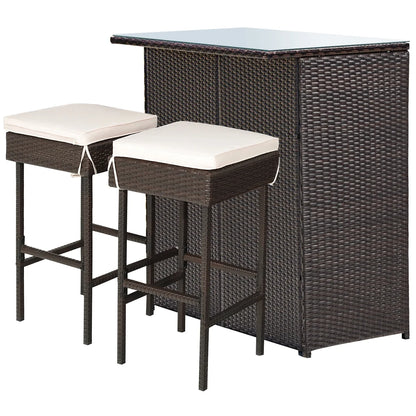 Costway 3PCS Patio Rattan Wicker Bar Table Stools Dining Set Cushioned Chairs Garden