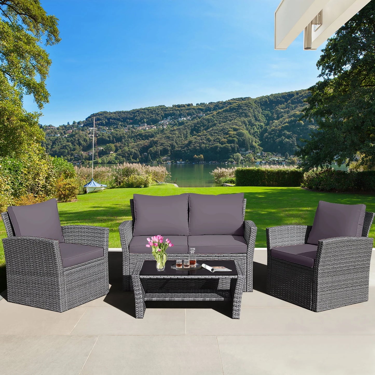 Gymax 4PCS Patio Rattan Conversation Set Outdoor Furniture Set w/Grey Cushions