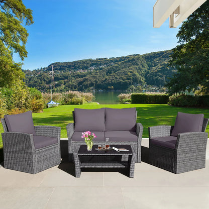 Gymax 4PCS Patio Rattan Conversation Set Outdoor Furniture Set w/Grey Cushions