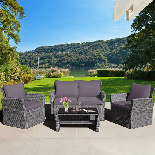 Gymax 4PCS Patio Rattan Conversation Set Outdoor Furniture Set w/Grey Cushions