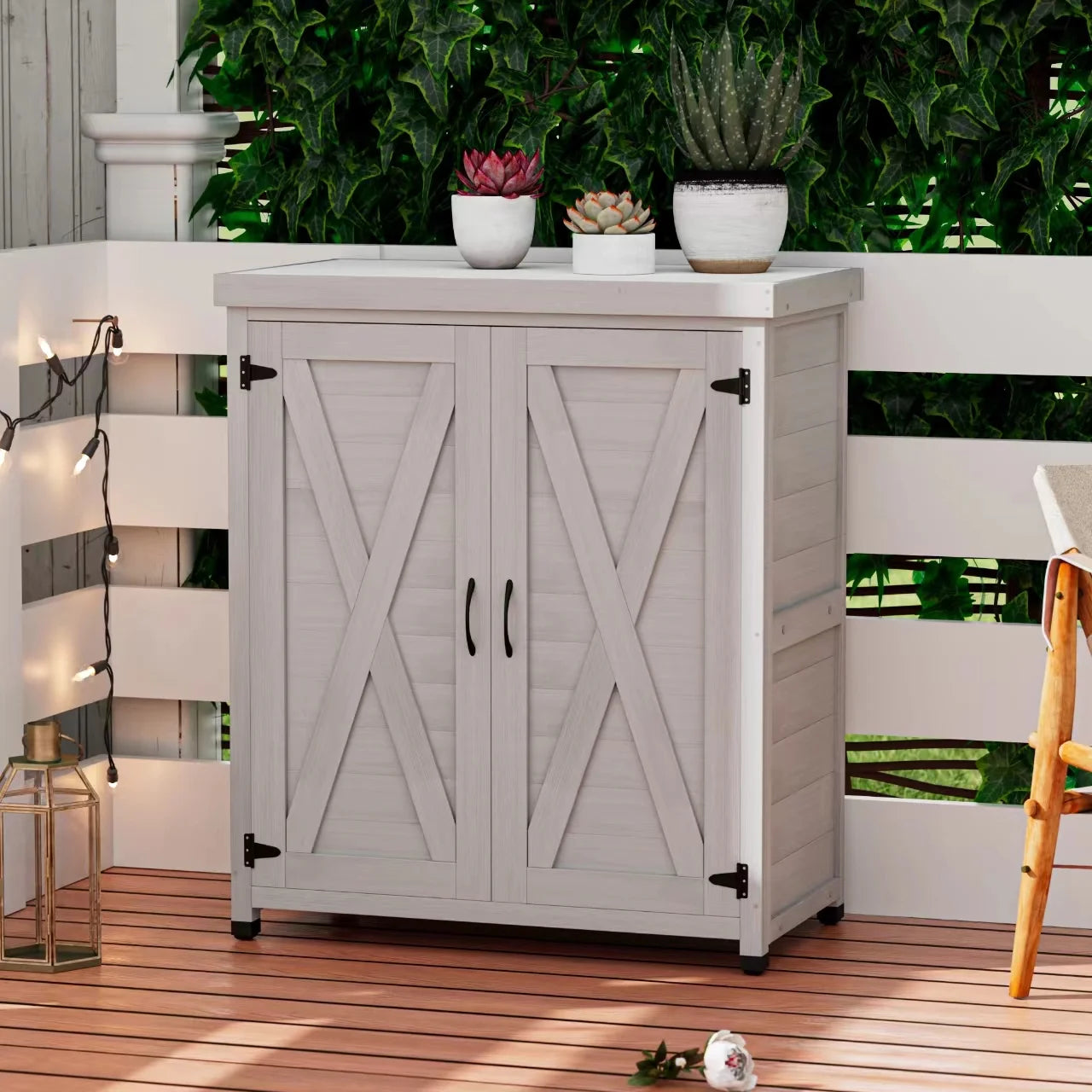 Tcbosik Outdoor Storage Cabinet & Potting Bench Table, Wooden Patio Furniture with Metal Top, Garden Workstation for Backyard, Lawn, Deck, Balcony, Gray