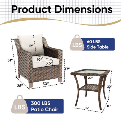 Bellefurn Outdoor Wicker Patio Chairs Set of 2 with Side Table,All-Weather Wicker Rattan Chairs Patio Furniture Chairs for Porch Balcony Backyard Yard Deck