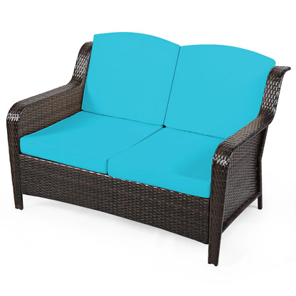 Gymax 5PCS Rattan Patio Conversation Sofa Furniture Set Outdoor w/Turquoise Cushions