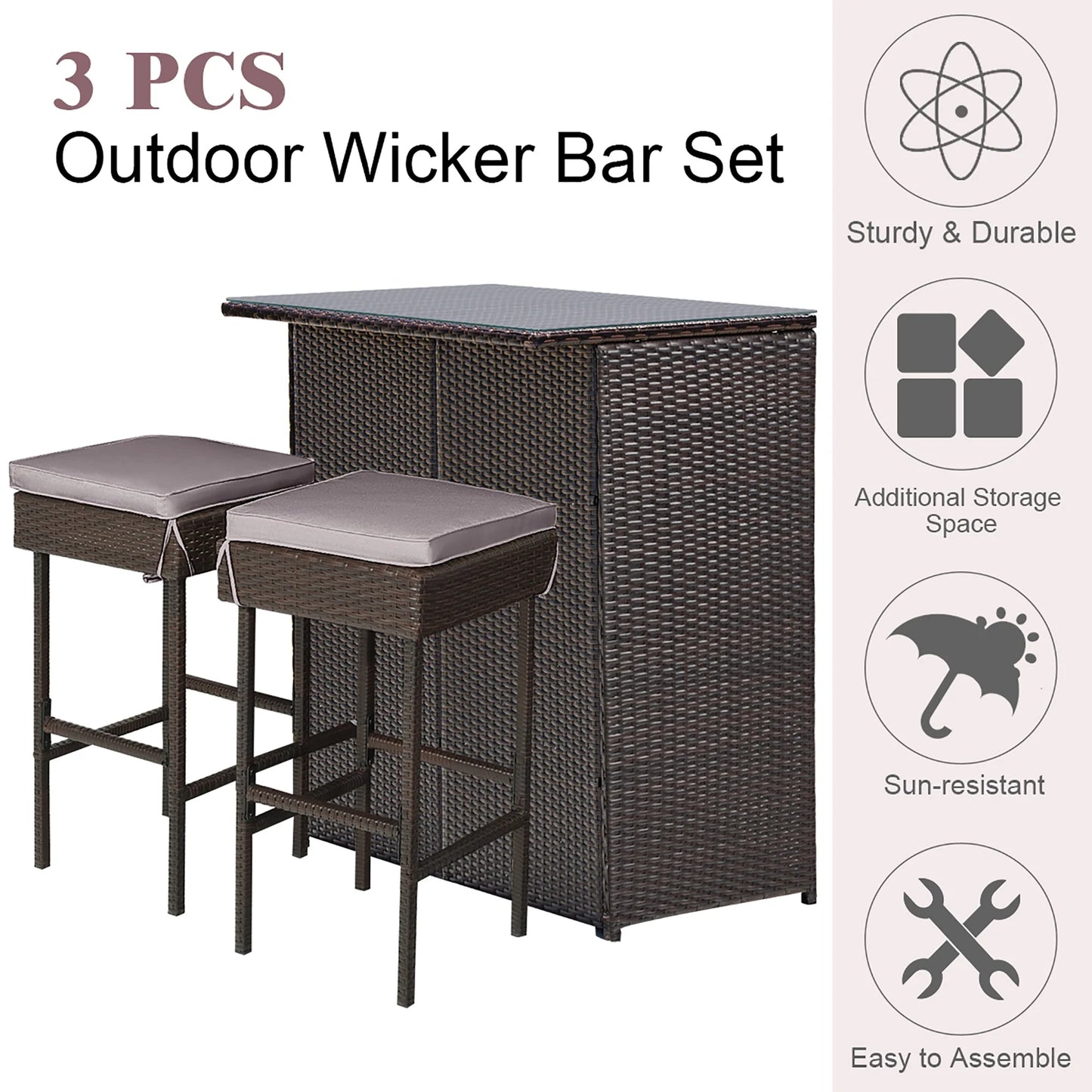 Costway Patio 3PCS Rattan Bar Table Stool Set Cushioned Chairs with Gray & Off white Cover