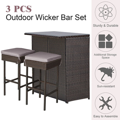 Costway Patio 3PCS Rattan Bar Table Stool Set Cushioned Chairs with Gray & Off white Cover