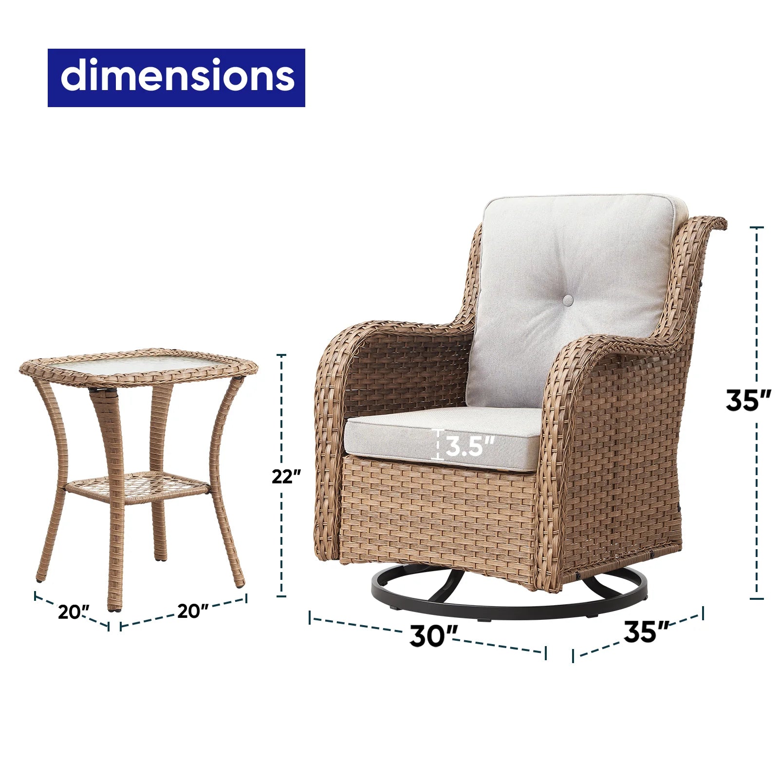 POCASSY 3 Piece Patio Set Outdoor Wicker Glider Rocking and Swivel Chairs with Cushions