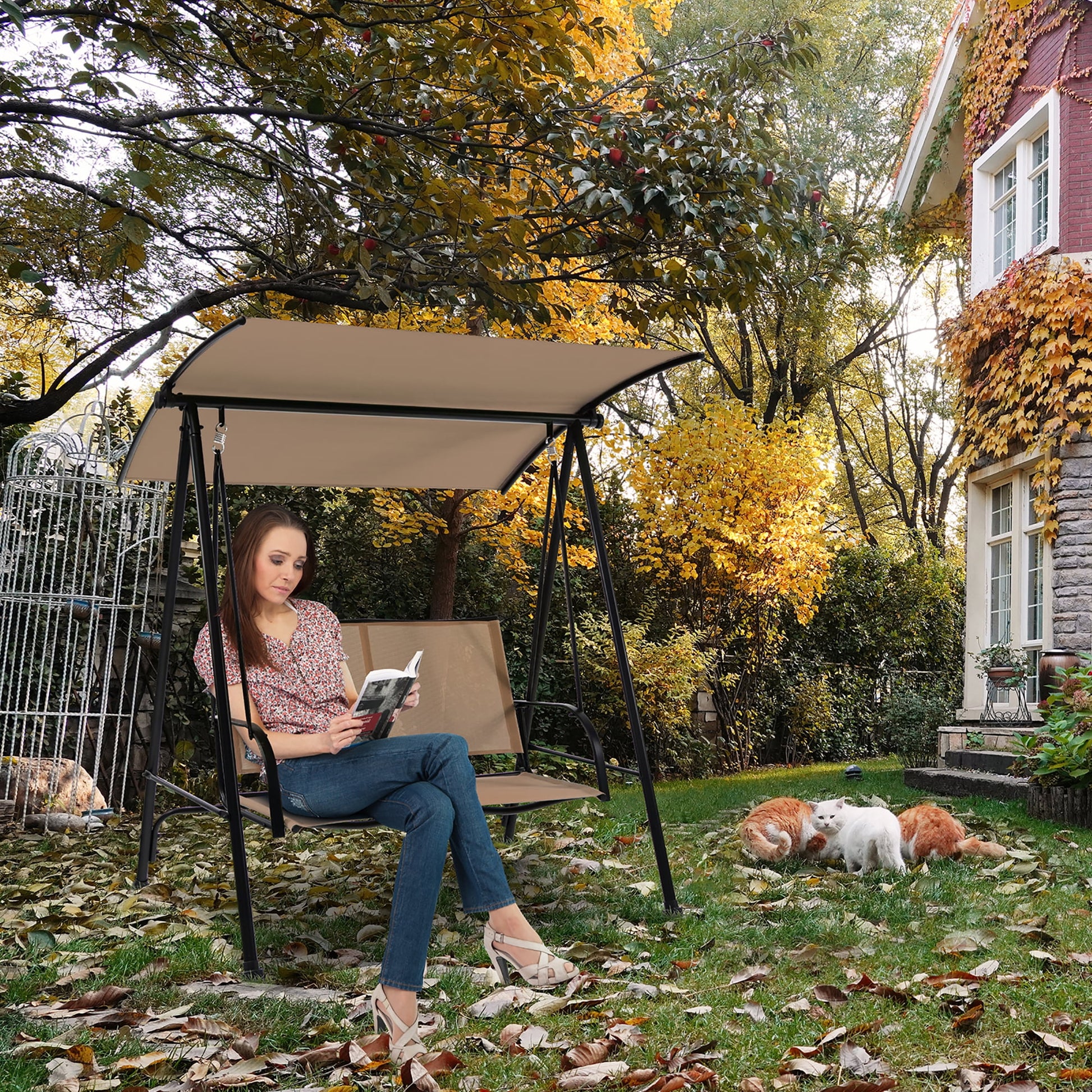 Costway 2-Seat Patio Swing Porch Swing with Adjustable Canopy for Garden Dark Beige