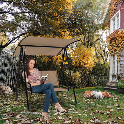 Costway 2-Seat Patio Swing Porch Swing with Adjustable Canopy for Garden Dark Beige