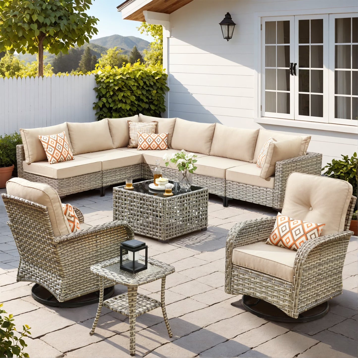 Vcatnet Outdoor Patio Furniture Sets 10 Pieces Sectional Sofa Wicker Conversation Set with Swivel Glider Chairs and Solar Powered Coffee Table for Porch,Backyard,Gray