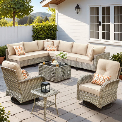 Vcatnet Outdoor Patio Furniture Sets 10 Pieces Sectional Sofa Wicker Conversation Set with Swivel Glider Chairs and Solar Powered Coffee Table for Porch,Backyard,Gray