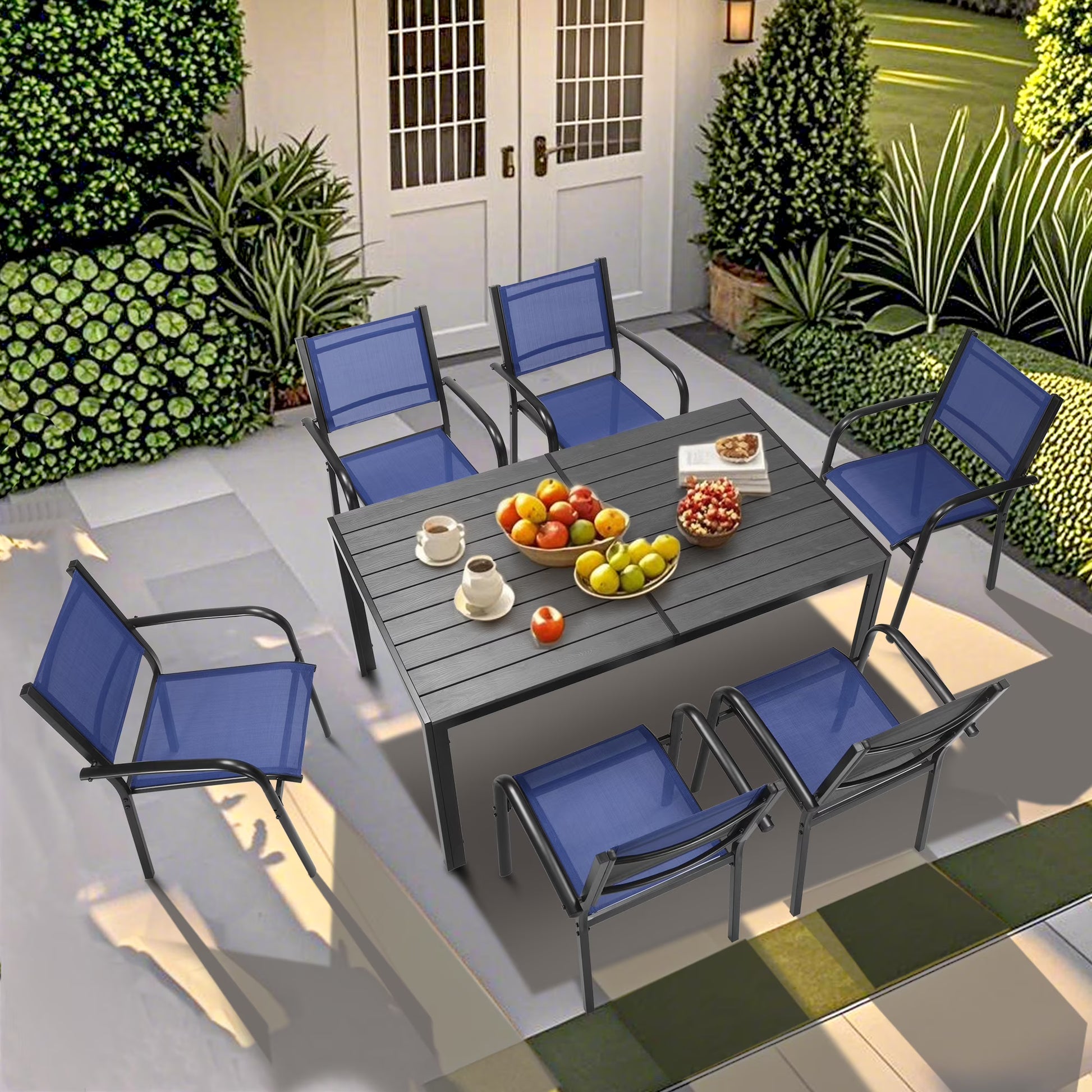 Seizeen 7-Piece Outdoor Table and Chairs, Patio Table Set with 6 Rattan Chairs, All-weather Outdoor Patio Dining Sets Rectangular Metal Table with Acacia Wood Top, Umbrella Hole, Gray