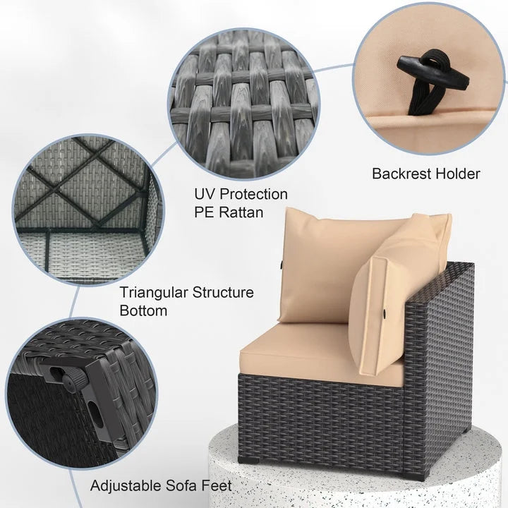 Phonjoroo Patio Furniture Set 7 Pieces Outdoor Patio Furniture Wicker Sectional Furniture Sofa Conversation Sets with Cushions All Weather Outside Patio Seating (Khaki)